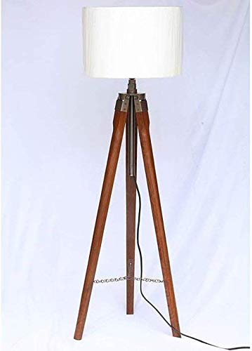 OverseasMart Off White Shade Wooden Tripod Floor Lamp Stand with Shade and Bulb
