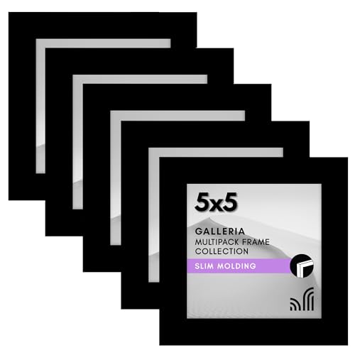 Americanflat Bilderrahmen mit poliertem Plexiglas, 12,7 x 12,7 cm, Galleria-Kollektion, quadratischer Rahmen fuer Tischplatte und Wanddekoration, 5er-Set, Schwarz