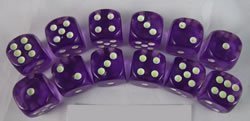 Purple Glow in the Dark Dots Standard Dice D6 16mm 12 Dice by Koplow Games
