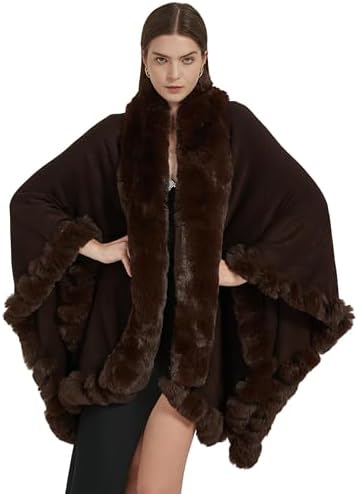 ZLYC Women Fine Knit Open Front Faux Fur Trim Layers Poncho Cape