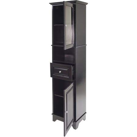 Slender Tall Cabinet with Glass Door on The Top Hutch, Spacious Enclosed Cabinet Space with One Adjustable Shelf, Open Storage in Mid Section, One Drawer, Elegant Black Finish + Expert Home Guide