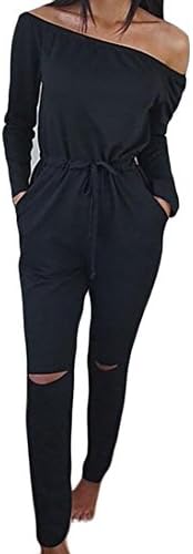 Rrive Womens Stylish Off The Shoulder Drawstring Hole Knee Long Romper Jumsuit Black L