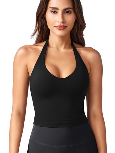 ZAAYO Halter Neckline Tank Top Women's Deep V Padded Crop Top Women's Sports Tops Summer Basic Sexy Sleeveless Summer Tops