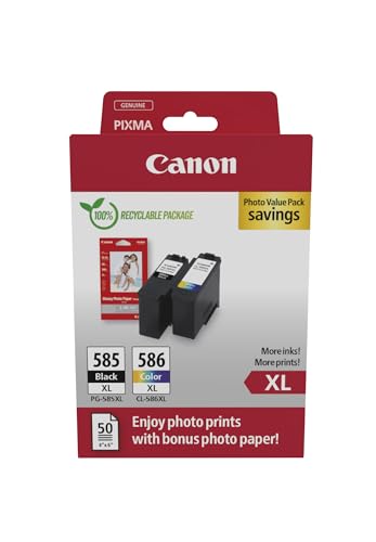 Canon PG-585XL / CL-586XL Original-Tintenpatronen, 2er-Pack (1x Schwarz, 1x Farbe), inkl. 50 Blatt 4x6-Fotopapier - Kompatibel mit PIXMA TS7650i / TS7750i