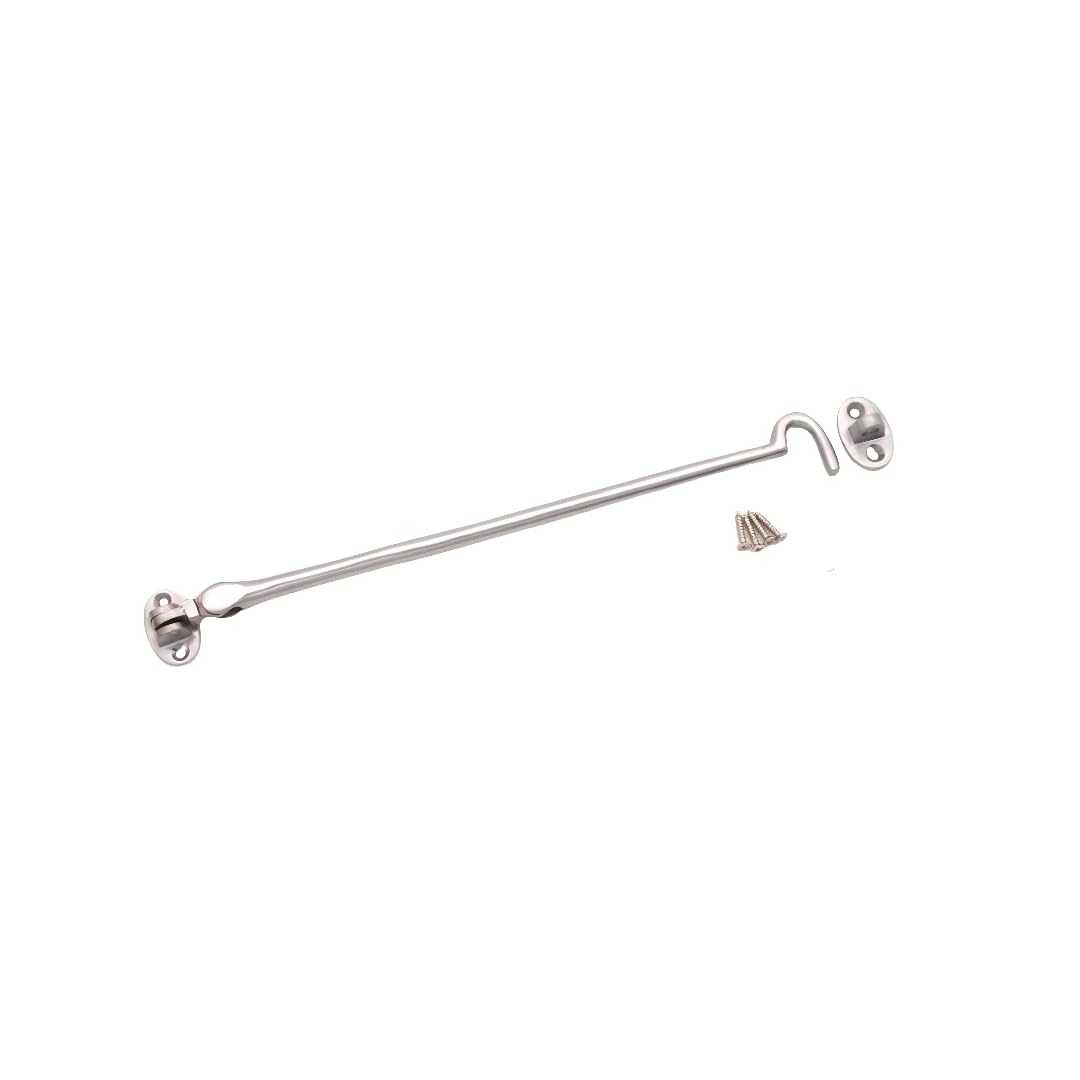 Infinity Decor Heavy Duty Satin Chrome 12" (300mm) Cabin Hook & Eye Silent Catch Door Latch Holder with Screws for Gate Shed Patio Window Garden Gate