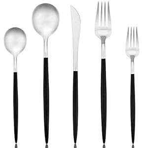 20 piezas de cubertería conjunto vajilla de acero inoxidable Set vajilla conjunto cubiertos conjunto incluyendo tenedor cuchillo cucharas servicio para cuatro personas negro y plata 18/10 (4 juegos)