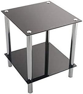 Hokku Designs Practical Square Display Rack Side Table - Tempered Glass Tabletop Bottom Shelf - Chrome Metal Legs
