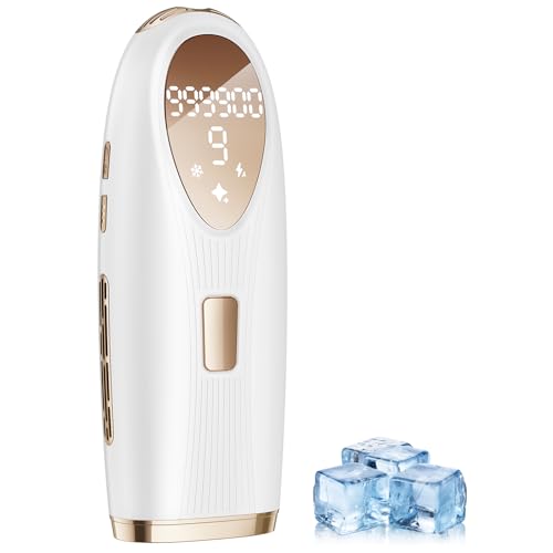 TIIMAGIC IPL Laser Hair Removal Device for Women and Men with Ice Cooling for At Home Use on Upper Lip Underarm Bikini Line and All Body, 9 Level, 999,900 Flash, Auto/Manual Mode, LED Display, White