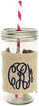 24 ounce Custom Embroidered and Personalized Mason Jar Tumbler with Burlap Sleeve