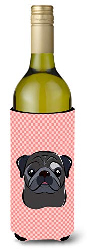Caroline's Treasures BB1263LITERK Checkerboard Pink Black Pug Wine Bottle Hugge…