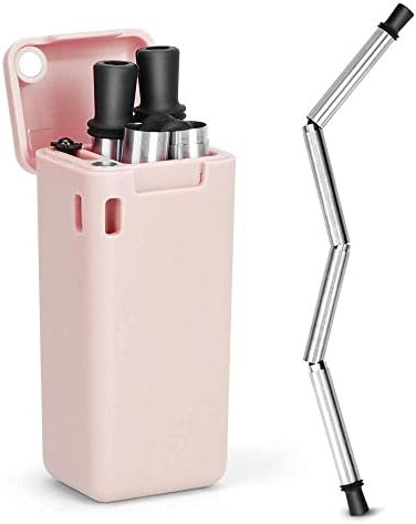 Esoultech Collapsible Reusable Stainless Steel, Folding Drinking Straws Keychain Foldable Final Premium Food-Grade Portable Set with Hard Case Holder Clea, Small (Pink)