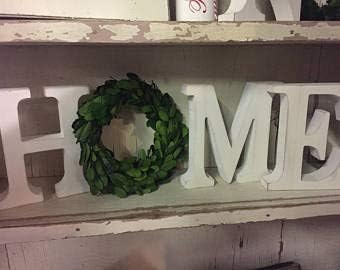 Home Letters with Boxwood Wreath, Farmhouse Wood Sign, Mantel Decor, Boxwood Wreath, Distressed Wood Letters, Rustic Home Sign, White Letter