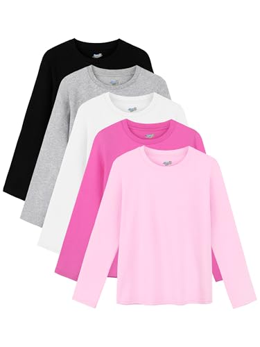Semois 5 Pack Girls Long Sleeve Shirts Soft Cotton Crewneck Girls' Basic Long-Sleeve T-Shirts Toddlers' Tagless Tees