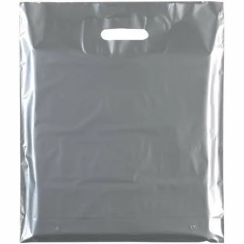 100x HEAVY DUTY STRONG COLOREDFULL PLASTIC CARRIER PATCH HANDLE BAGS, PARTY, BOUTIQUE GIFT BAGS (Silver, 10 x 12)