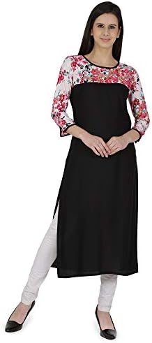 Women's Black Floral 3/4th Sleeve Crepe Kurti (IDW-00030-P)
