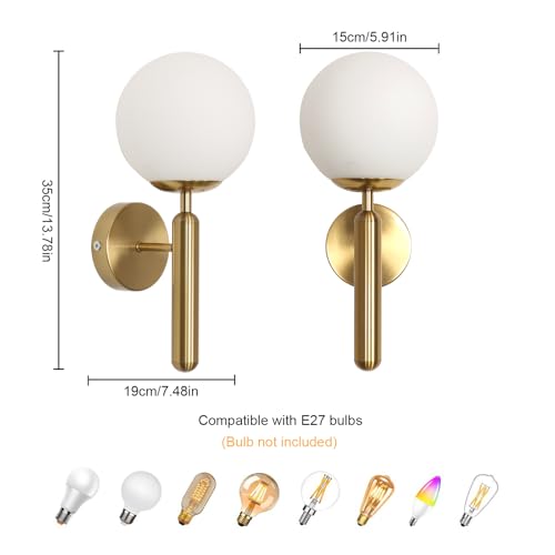 DELIPOP E27 2 Pieces Wall Lamp Indoor Vintage Modern Gold Wall Lamp Ball Lamp for Bedroom Living Room Hallway Kitchen Coffee