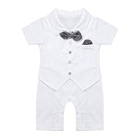 TiaoBug Infant Baby Boys Bowtie Short Sleeve Romper Tshirt Jumpsuit Formal Wear for Wedding Birthday Party (6-9 Months, White)