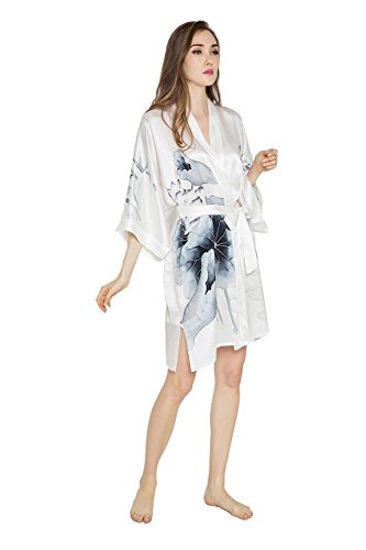 Old Shanghai Women's Silk Kimono Short Robe - Handpainted, Lotus Black & White