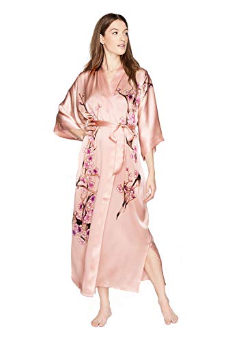 Old Shanghai Women's Silk Kimono Long Robe - Handpainted (Cherry Blossom Dusty Pink)