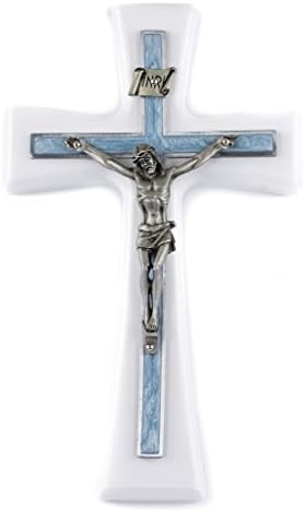 7" White Crucifix, Pink Pearlized Epoxy Cross Overly, 3" Pewter Corpus