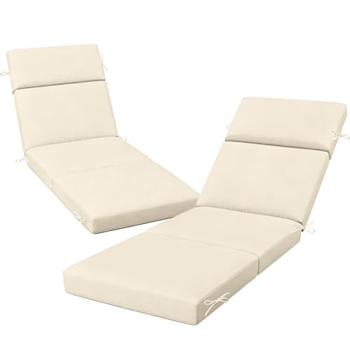 VOGVOG 2 Pack Outdoor Chaise Lounge Cushions 72"x21"x3", 4-Section Folding Patio Chair Pads with Ties, Waterproof Fade Resistant Replacement Cushion for Pool Deck Patio (Beige, 2 Pcs)