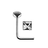 Jeweled Square 925 Sterling Silver L Shaped Nose Pin - Size 20G(0.8MM) 5mmx5mm