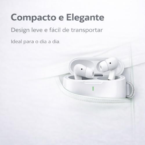 Fone de Ouvido Bluetooth 5.4 TWS Branco Sem Fio com Microfone, Controle Touch, Intra Auricular com Redução de Ruído, Estojo USB-C, Até 16h, Android e iPhone
