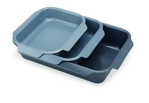Joseph Joseph Nest Set of 3 Stackable Oven Trays, Carbon Steel Roasting Tins with Non-Stock Coating, Easy-Pull Handles, Organised Kitchen, 41cm x 30cm x 9.6cm - Blue