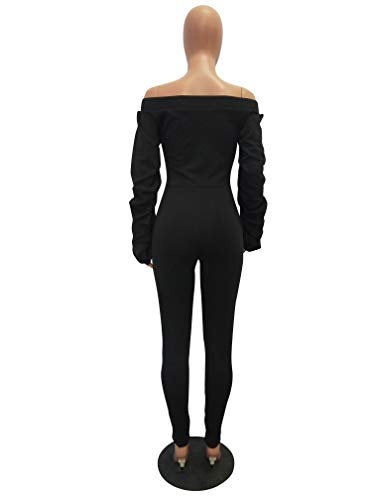 Ophestin Women Solid Long Sleeve Off Shoulder Zipper Front Sexy Jumpsuits Rompers Long Rompers Black XL