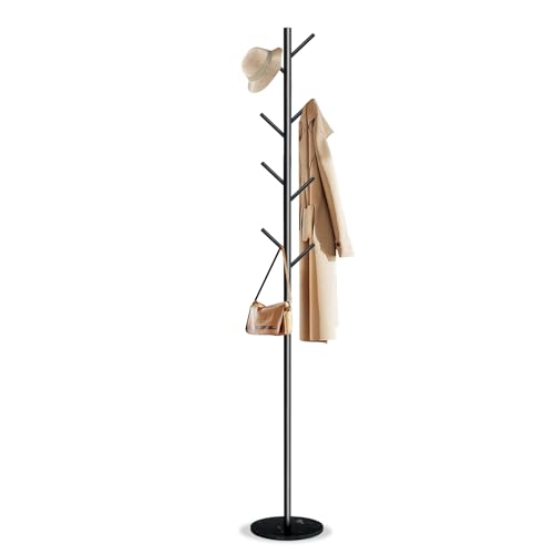 Wtiujhg Coat Rack, Metal Freestanding Coat Rack with 8 Hooks, Sturdy Coat Tree with Natural Marble Base for Coats, Hats, Scarves and Handbags for Entryway, Hallway, Bedroom, Office (Black)