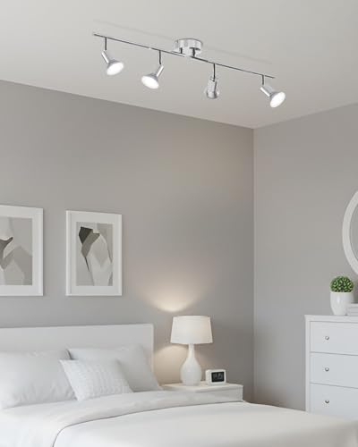 LVWIT Ceiling Lamp Spotlights with 4 Rotating GU10 Bulbs, Adjustable Chrome Interior Wall Lamp, LED Interior Ceiling Lighting for Bedroom, Hallway Kitchen (No Bulbs).