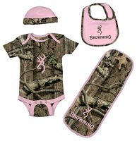 Browning Baby Girls' Camo Bodysuit, Hat, Bib And Burp Rag Set 6M-18M Pink 6