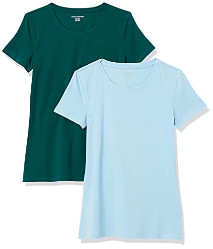 Amazon Essentials Camiseta de Manga Corta con Cuello Redondo y Corte Recto Mujer, Pack de 2, Azul Celeste Claro/Verde Oscuro, XXL