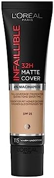 L'Oréal Paris Fondotinta Infaillible 32H Matte Cover, Make-Up dal Finish Matte Copertura Totale sulla Pelle, 115 Beige Doré, 30 ml