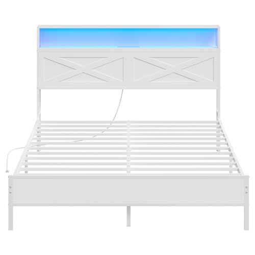 HOOBRO Full Size Bed Frame, Bed Frame with Charging Station and LED Lights, Headboard with Shelves, Heavy Duty Metal Frame, Noise-Free, Easy Assembly, No Box Springs Needed, White WT01UDBF01