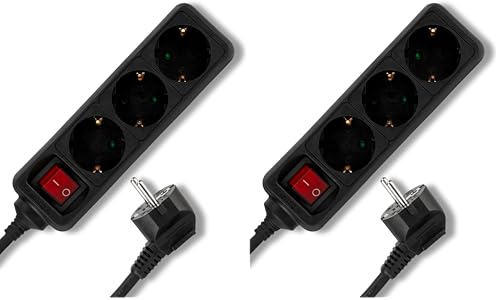 REV Steckdosenleiste - Mehrfachsteckdose 3-Fach mit beleuchtetem Schalter zum Stromsparen, 1,4m, 3500W, schwarz (Packung mit 2)