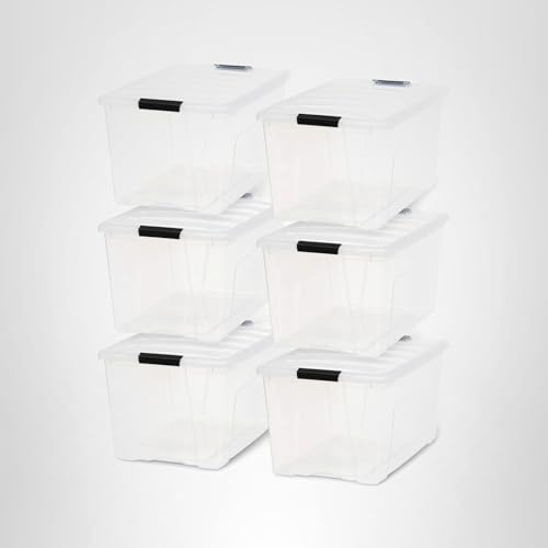 IRIS USA 72 QT STACKABLE PLASTIC STORAGE BINS WITH LIDS, 6 PACK – BPA-FREE, MADE IN USA – SEE-THROUGH ORGANIZING SOLUTION, LATCHES, DURABLE NESTABLE CONTAINERS, SECURE PULL HANDLE – CLEAR