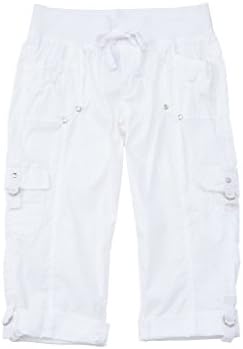 [28206R-WHITE-M] Rouge Collection Women Stretch Capri Pants, Adjustable Length, Elastic Waist