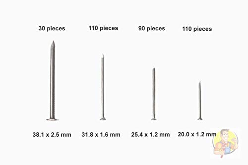 ASSORTED HARDWARE NAIL KIT, includes Picture Hanging Nails, Finish, Wire, Brad and Common Use. This Kit comes in an Organized Plastic Box and has 550 Heavy Duty Durable Nails.