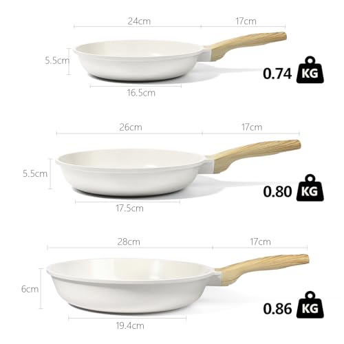 GiPP Nonstick Frying Pan Skillet Set- Ceramic Coating Non Stick Pans, Healthy Non-Stick Fry Pan Omelette Pan Egg Pan, Compatible with All Stoves, Dishwasher Safe, PFOA Free(White, 24CM+26CM+28CM)