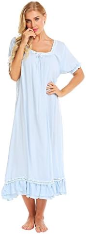Dorani Women Vintage Nightdress Short Sleeve Long Nightgown Sleepwear Sets, Light Blue, S