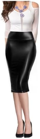 Women High Waist Faux Leather Midi Below Knee Pencil Skirt-S-BlackMatt