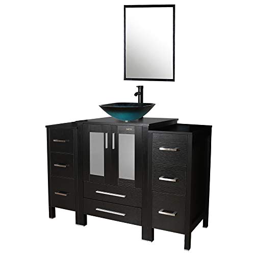 Bathroom Vanity,48 inch vanity top with sink,Square Tempered Glass Blue Vessel Sink Faucet ORB Bathroom Bowl With Pop Up Drain,2 Small side Cabinet Removable MDF board,Mirror Included - Thumbnail 2