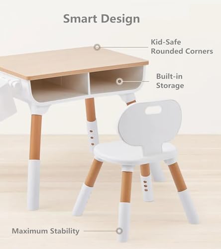 CENXI Study Table, with 1 Chair Set, Height Adjustable Table and Chair, 55 * 55 * 40cm, Play and Activity Desk with Paper Roll, Storage Basket and Drawers, Suitable for Daycare, Classrooms, Home