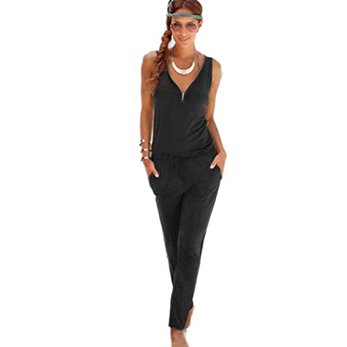 Click Here to See More Images Jumpsuit Women Sexy V-Collar Sling Summer Holiday Solid Color Fashion Siamese Shorts Long Beach (Black, S)