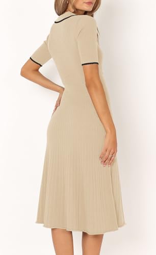 MITILLY WOMEN’S 2024 SUMMER SHORT SLEEVE SWEATER DRESS BUTTON V NECK RIBBED KNIT A LINE CASUAL MIDI DRESSES MEDIUM APRICOT