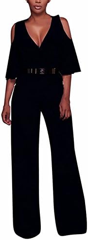 Youth Vitality Women's Sexy Cold Shoulder Deep V Neck Long Wide Leg Jumpsuit Rompers M