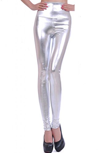 Lotsyle Women's High Waist Faux Leather Leggings (Silver M)