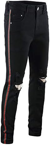 FEESONMen's Casual Distressed Ripped Jeans Skinny Stretchy Side Color Ribbon Pants
