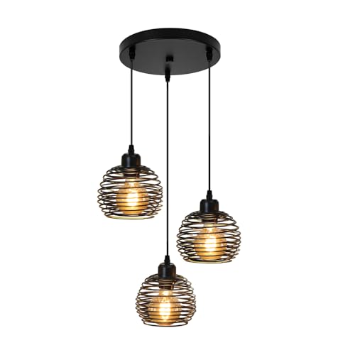 ZMH Vintage Black 3 Light Pendant Light with Cage E27 | Industrial Metal Design with 120cm Adjustable Cord for Dining Room Bulbs Not Included